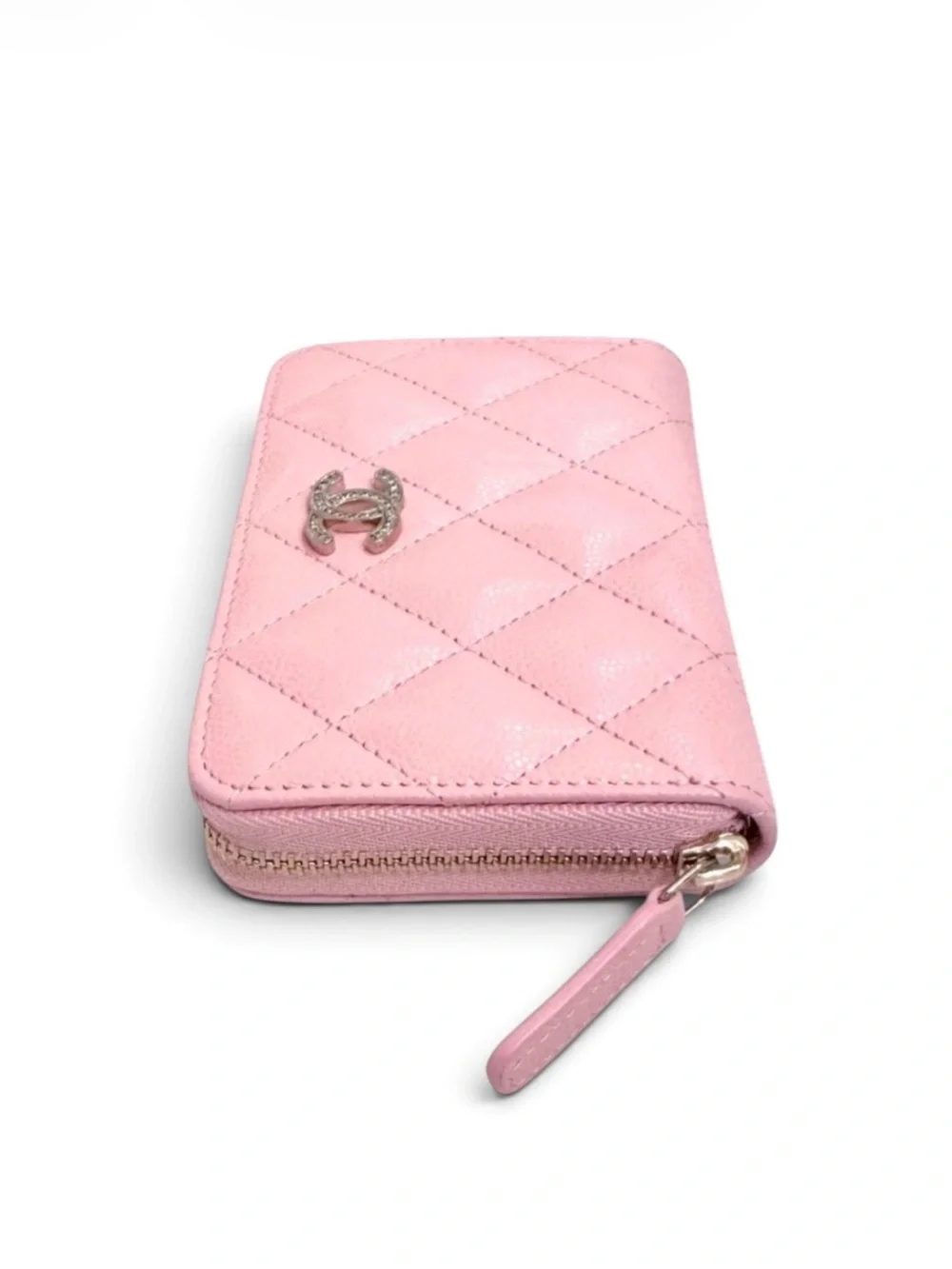 🆕💗CHANEL Grained Calfskin (CAVIAR) Zipped Coin Purse Strass CC Logo GHW • PINK